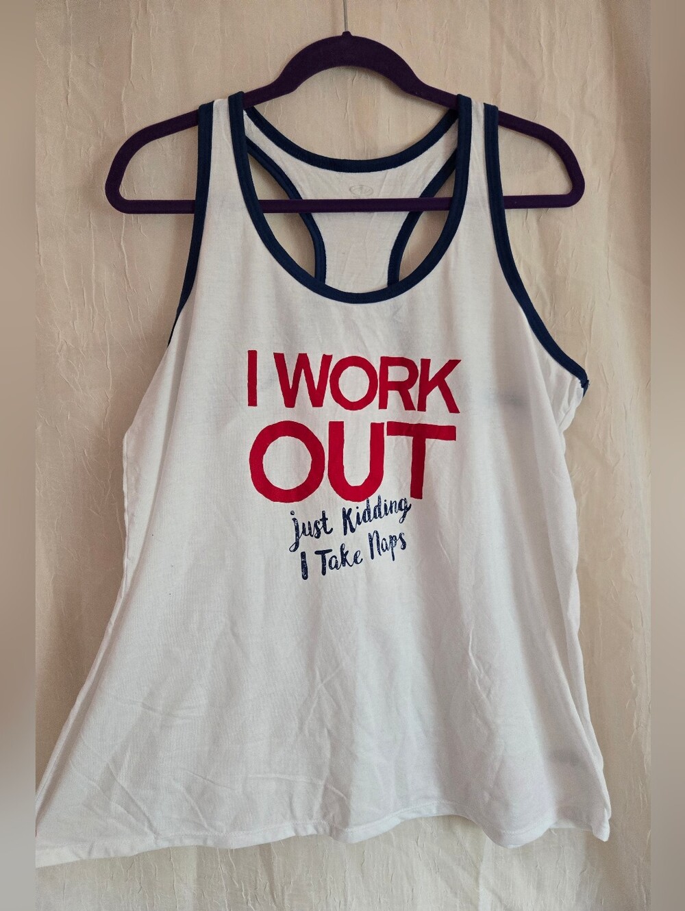 Athletic Works White Tank Top with Navy Trim and Red Graphic